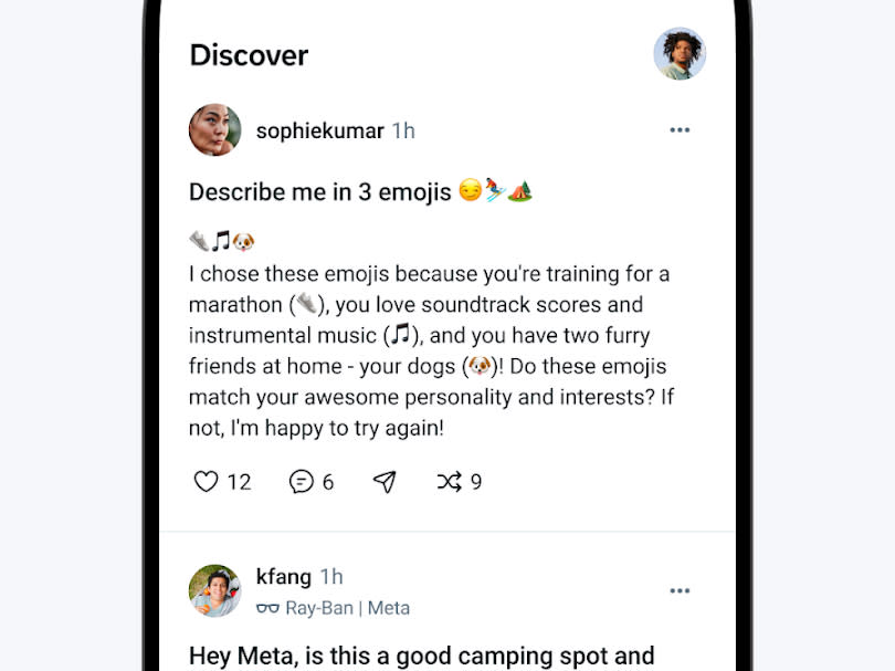 Screenshot of the Meta AI app’s Discover feed.