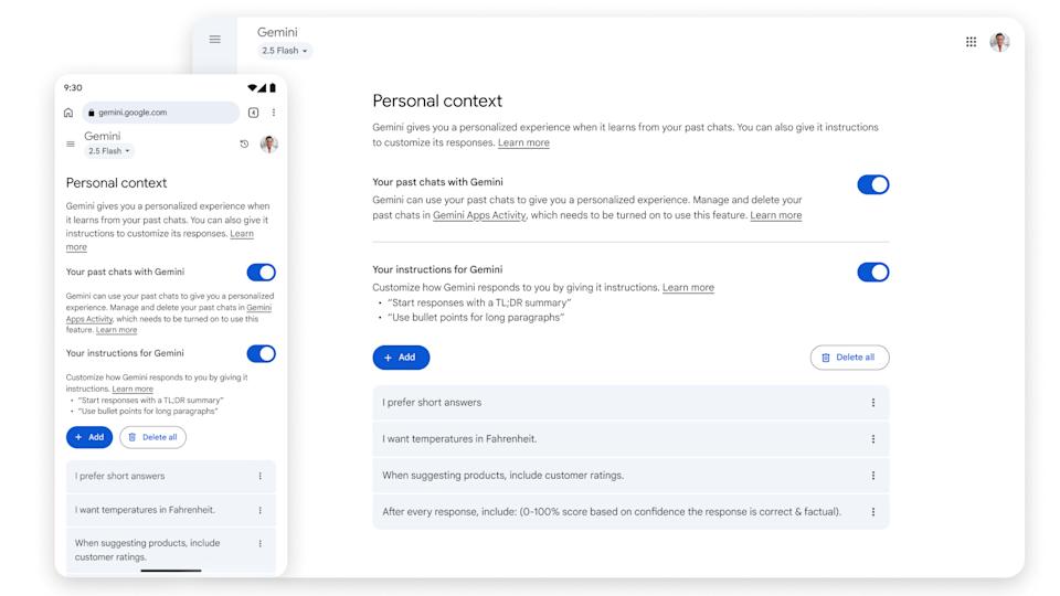 Screenshots in the Gemini app (phone and tablet), showing personal context settings.