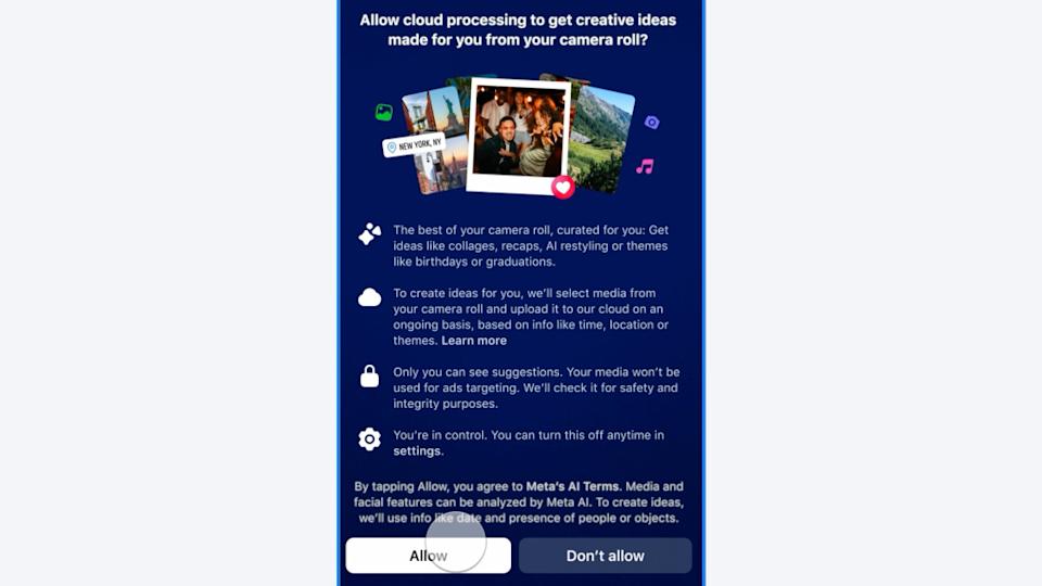 Screenshot of a Facebook AI feature. It lists privacy terms you agree to by clicking allow.