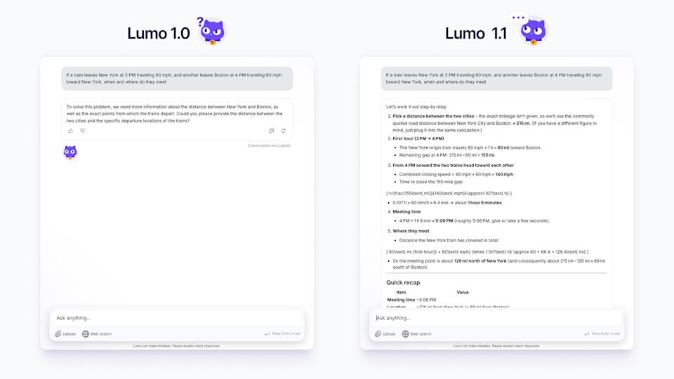 Two screenshots comparing the responses generated by Lumo 1.0 and Lumo 1.1. 