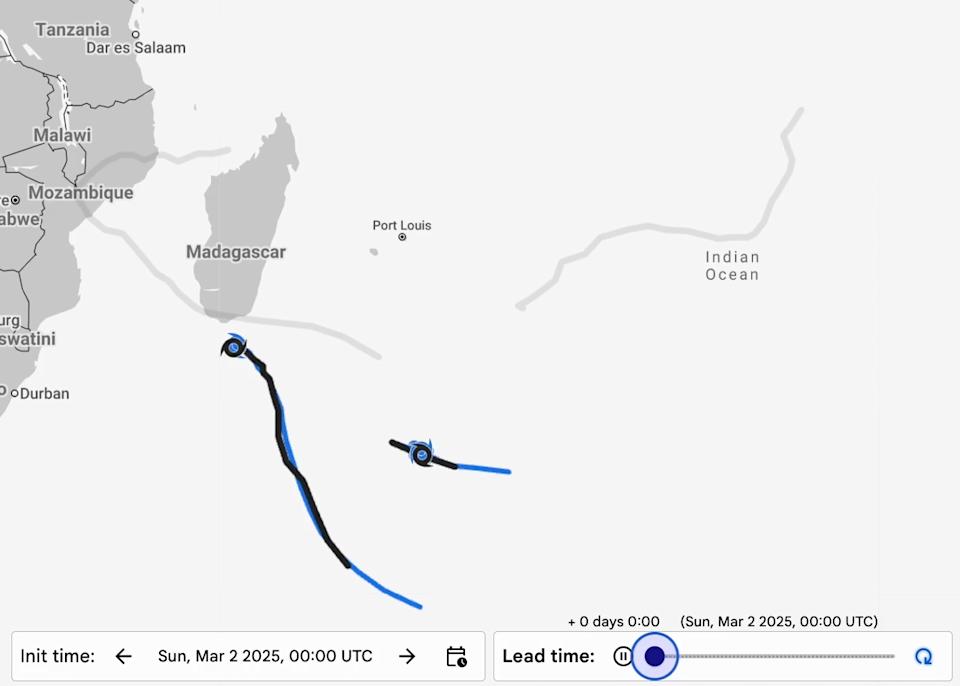 Sample scren from Google DeepMind's hurricane tracking website. Map showing hurricane paths.