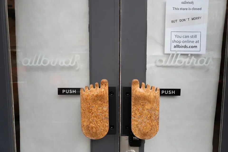 CHICAGO, ILLINOIS - APRIL 02: Paper covers the windows of a shuttered Allbirds store on April 02, 2026 in Chicago, Illinois. Five years ago, with 45 retail stores, the fast-growing brand had a market capitalization of about $4 billion. Today, with only 2 outlets stores, the company's remaining assets are reportedly being sold for $39 million, roughly 1% of its peak market capitalization.  (Photo by Scott Olson/Getty Images)
