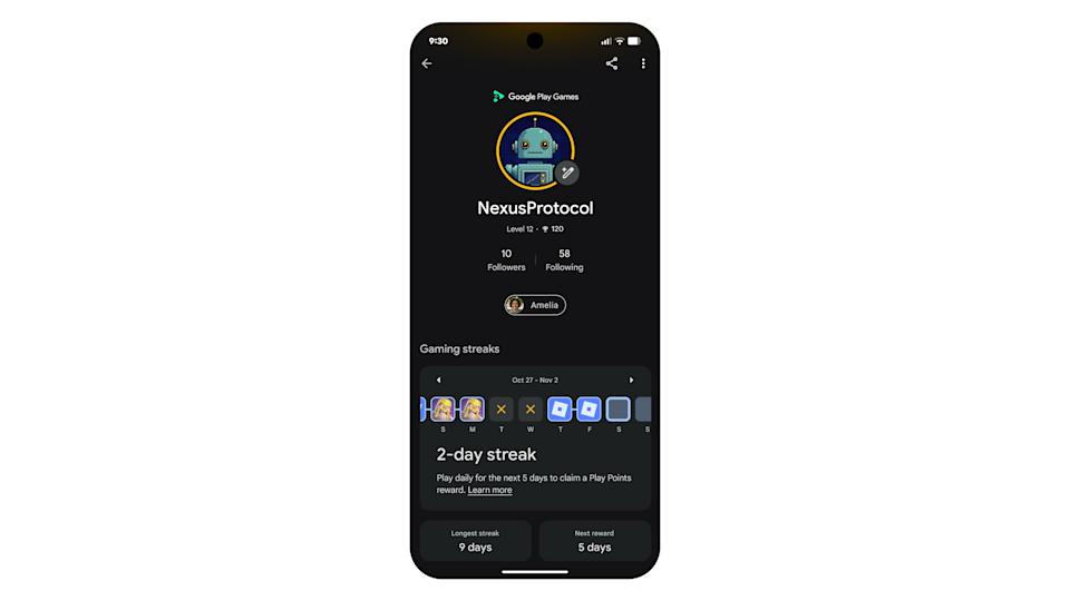 A sample profile page from the updates Google Play Games.