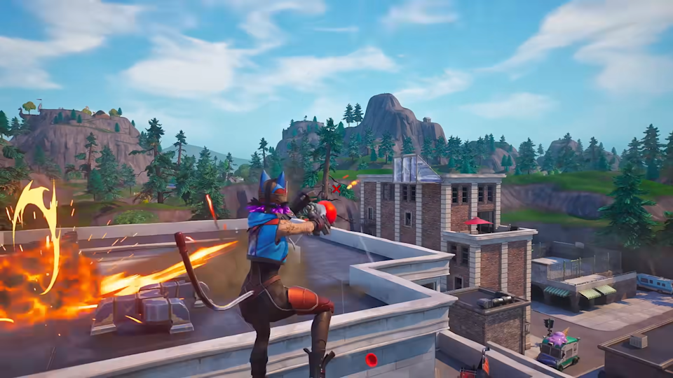 Screen from OG Fortnite. A player jumping and shooting.