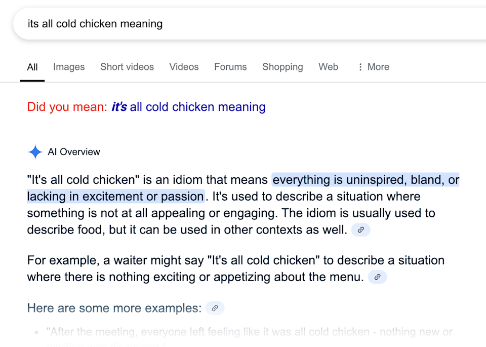 Screenshot of a Google AI overview explaining the (nonexistent) idiom, 