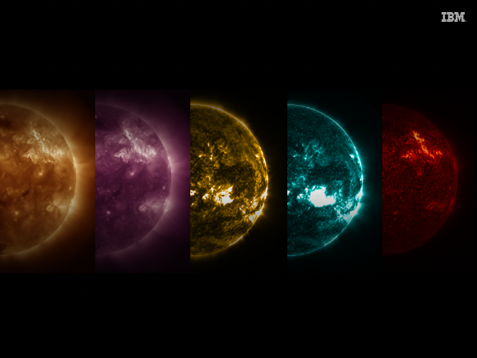 Five different images of the Sun taken by the Solar Dynamics Observatory. 