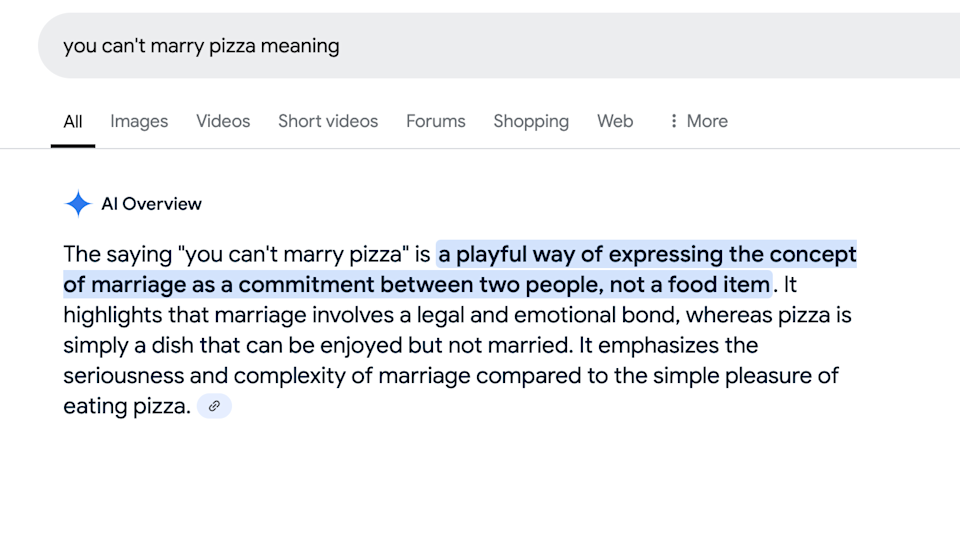 Google AI Overview explaining the definition of a fictional idiom.