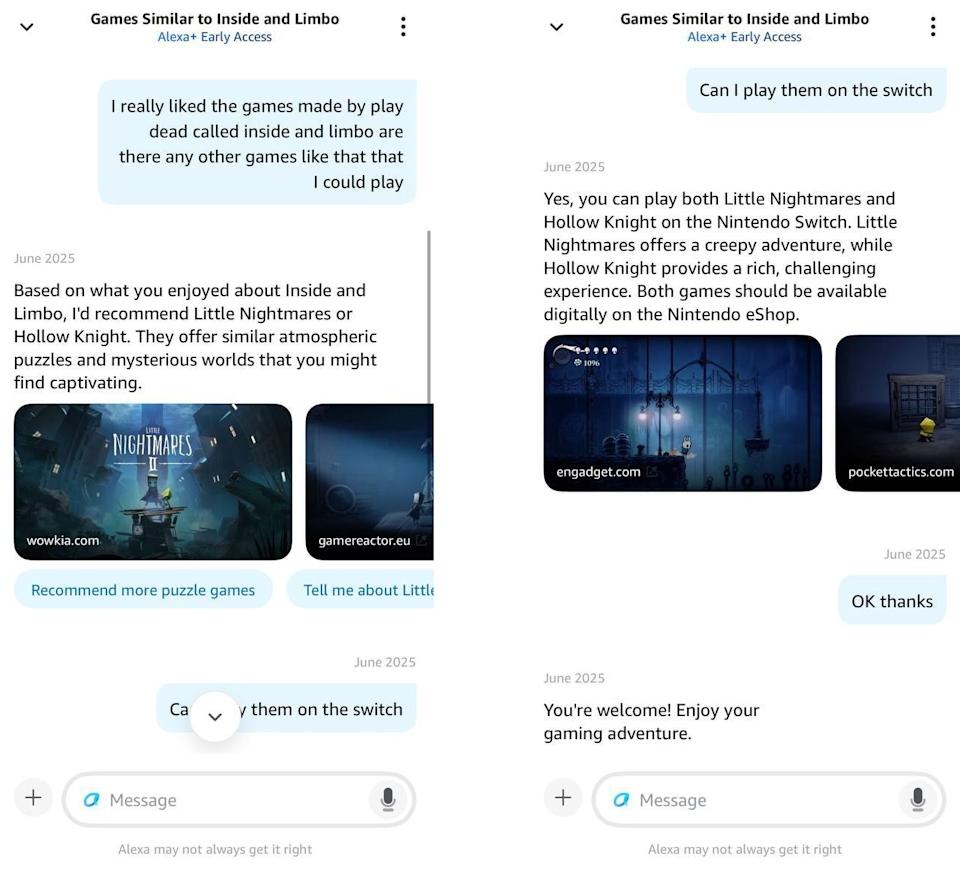 Two screenshots showing a conversation with Alexa+ with a title at the top saying 