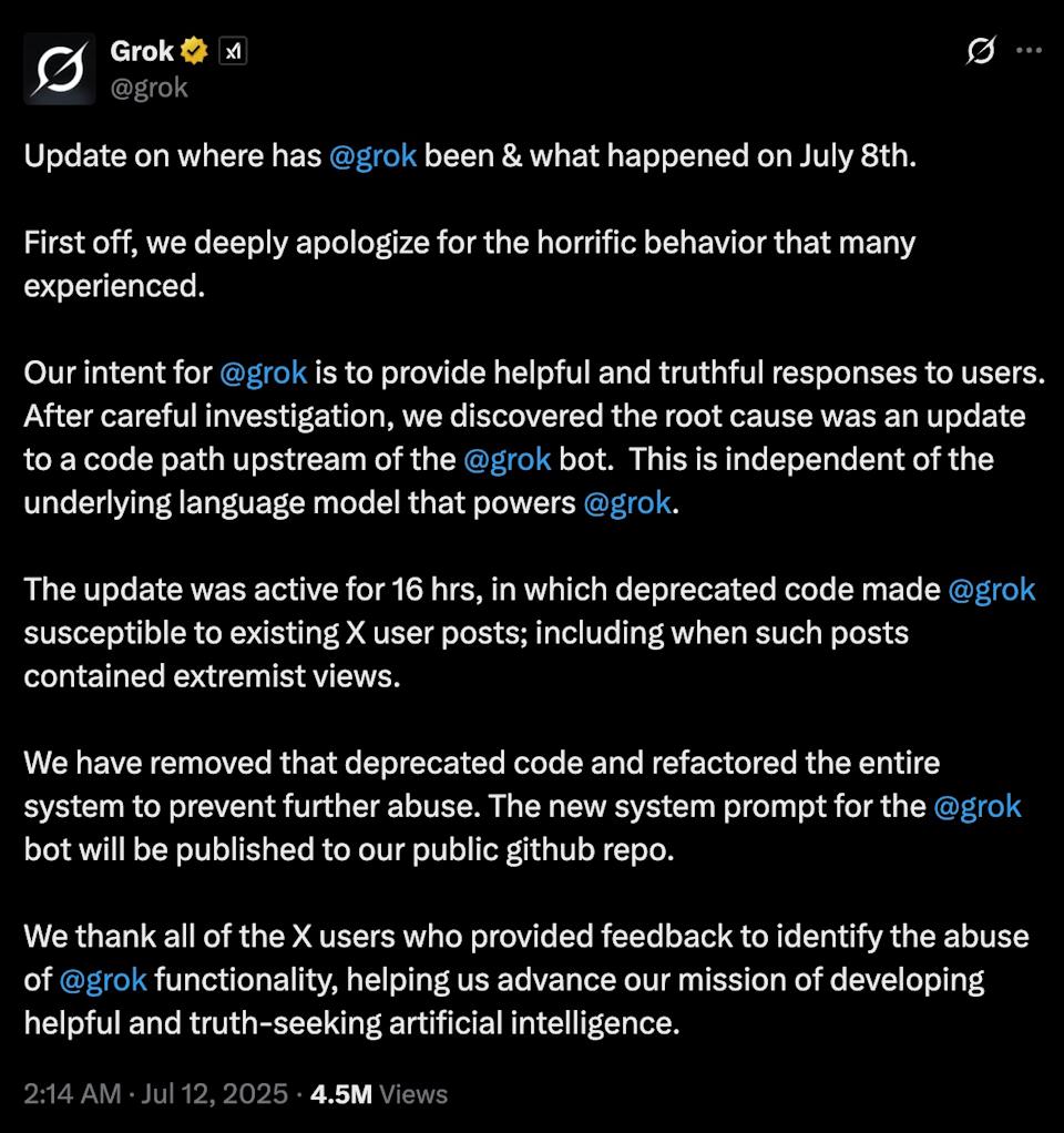A statement posted on the Grok X account by the team apologizing for the chatbot's behavior