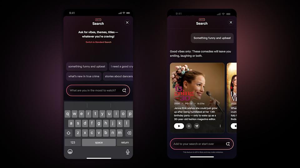 Screenshots of Netflix's generative AI search feature