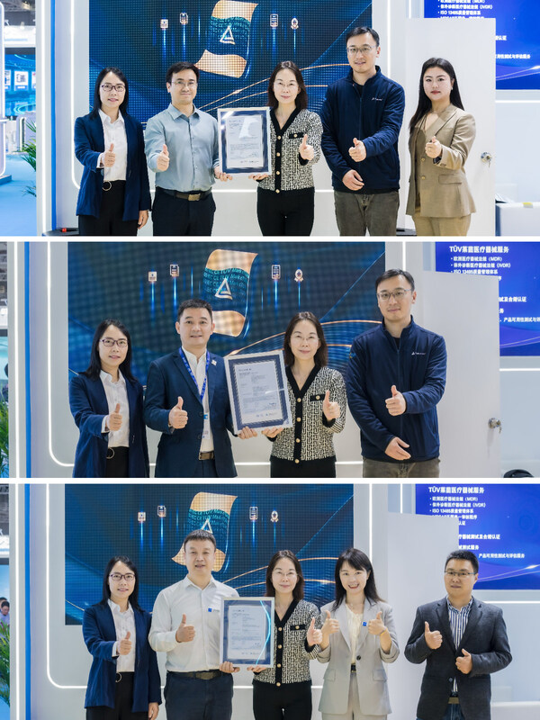 安旭生物血糖监测系统与男性生育居家检测试剂获IVDR证书颁证仪式（上图）；蓝影医学科技数字化摄影X射线系统与移动数字化X射线摄影系统获MDR公告机构证书颁证仪式（中图）；雾联医疗微网雾化器、医用压缩式雾化器与超声雾化器及配件获MDR公告机构证书颁证仪式（下图）