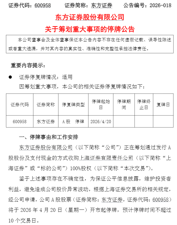 东方证券公告截图