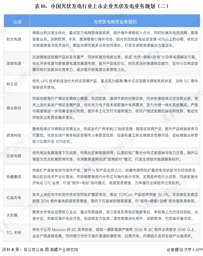 表10：中国光伏发电行业上市企业光伏发电业务规划（二）