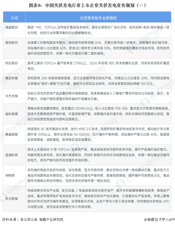 图表9：中国光伏发电行业上市企业光伏发电业务规划（一）