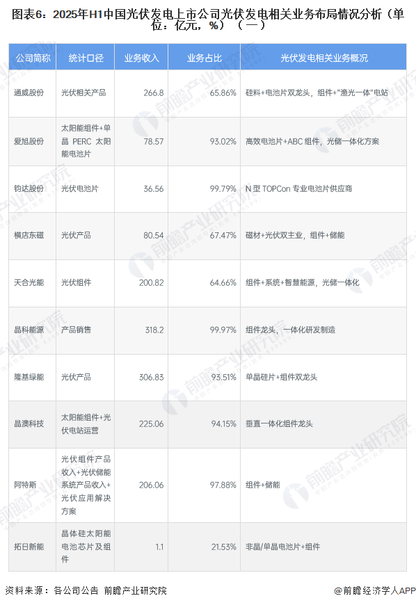 图表6：2025年H1中国光伏发电上市公司光伏发电相关业务布局情况分析（单位：亿元，%）（一）