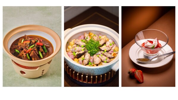 从左至右：客家石扇咸菜炆龙岩带皮牛肉，黑松露焗百花羊肚菌，草莓奶油配罗勒花椒