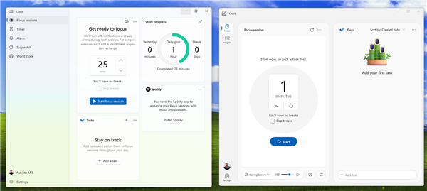 Win11时钟App彻底改版！加入AI、感知走神并自动暂停计时