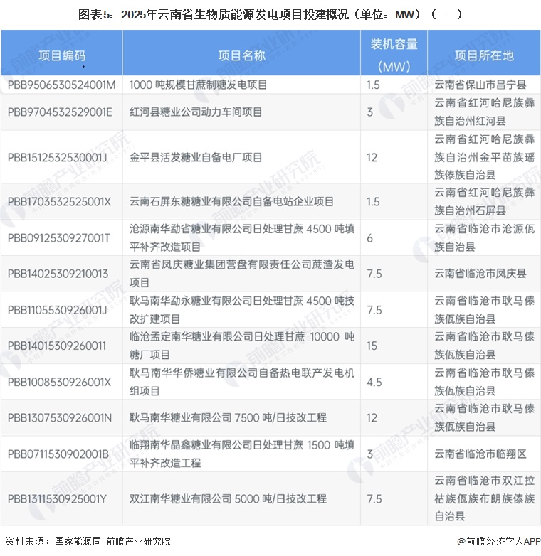 图表5：2025年云南省生物质能源发电项目投建概况（单位：MW）（一）