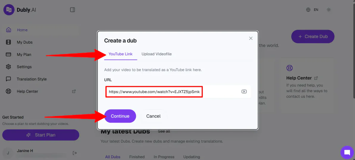 Adding a YouTube link to create a dub in Dubly.