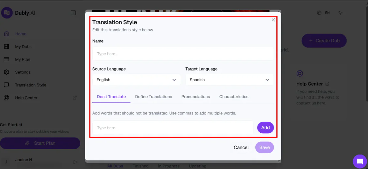 Adding a translation style to a language in Dubly.
