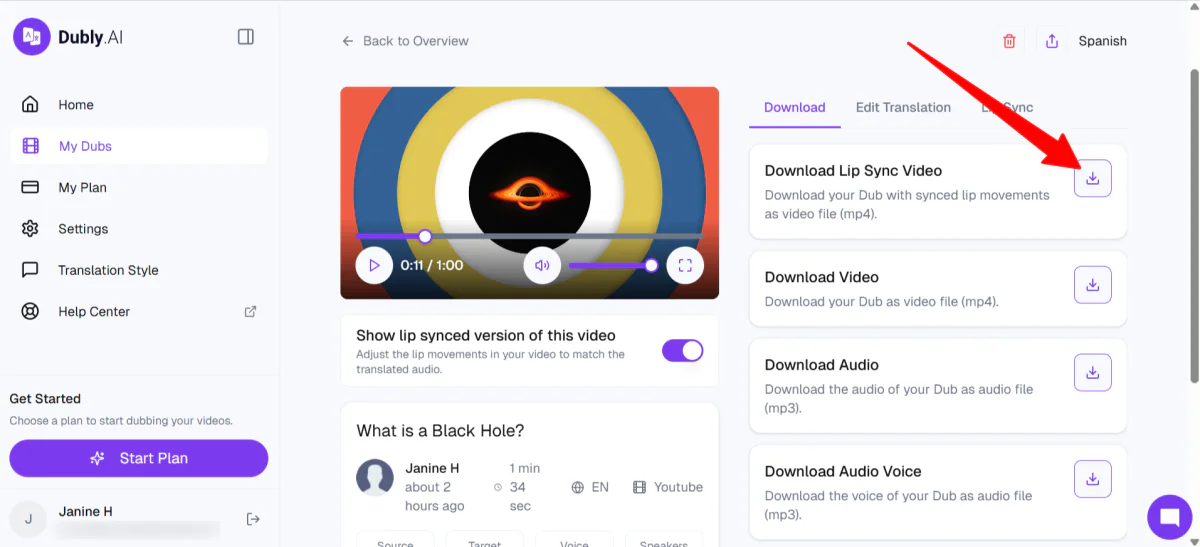 Downloading the synchronized video on Dubly.