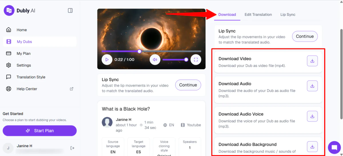 Download options for a video dubbed with Dubly.