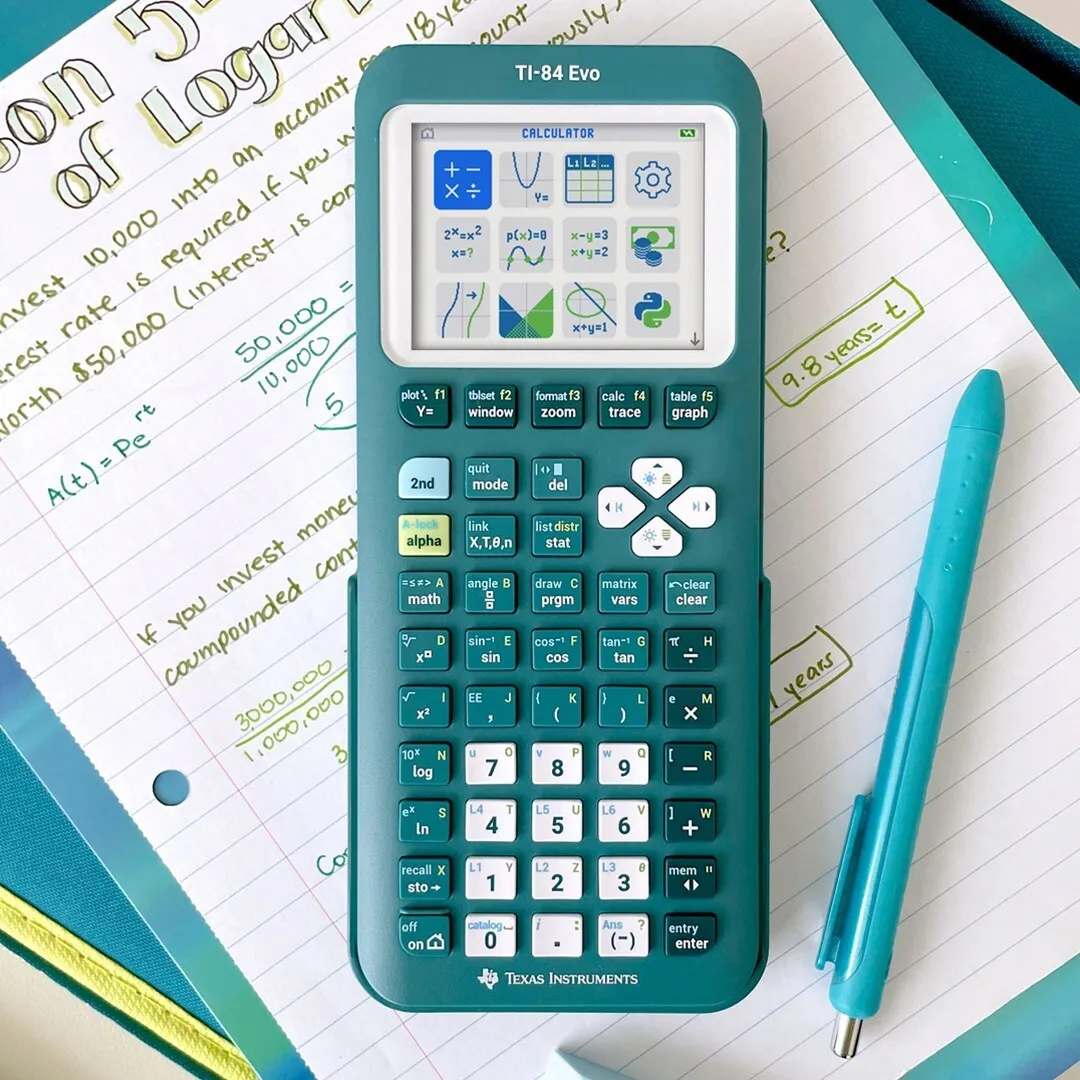 a teal calculator on a piece of white lined paper