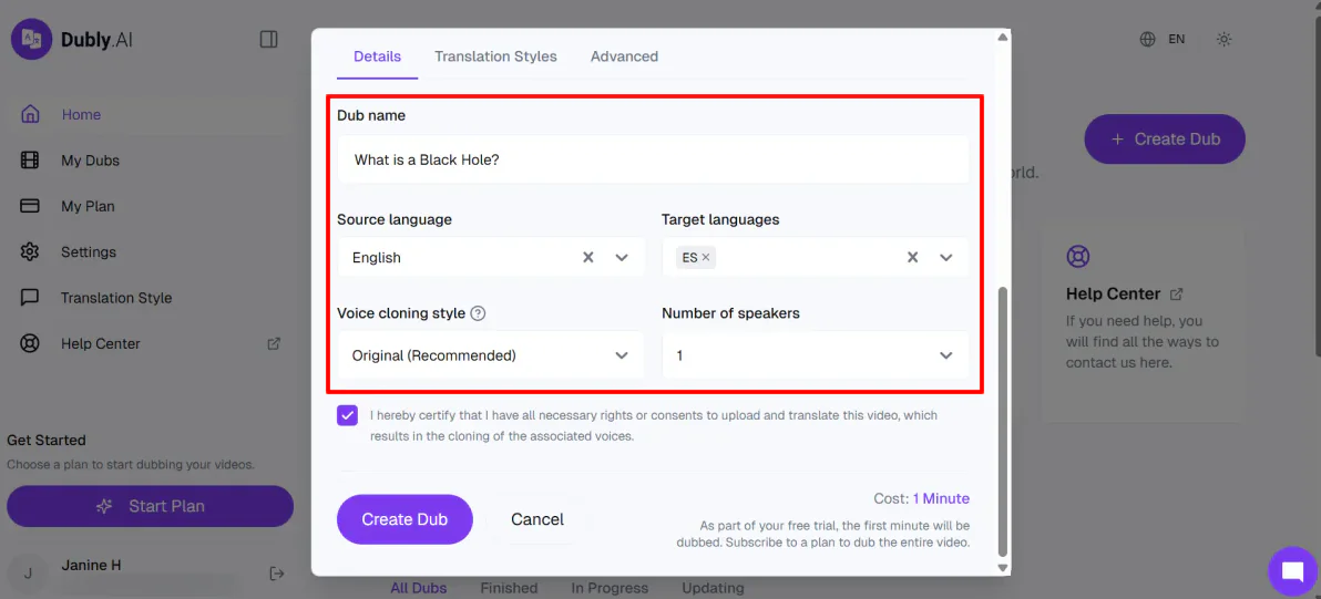 Filling out the details for a video uploaded for dubbing with Dubly.