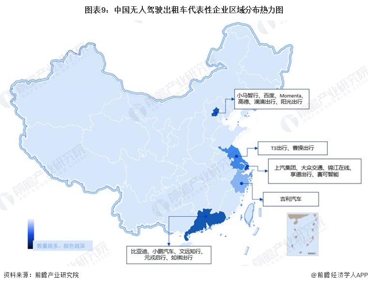 图表9:中国无人驾驶出租车代表性企业区域分布热力图