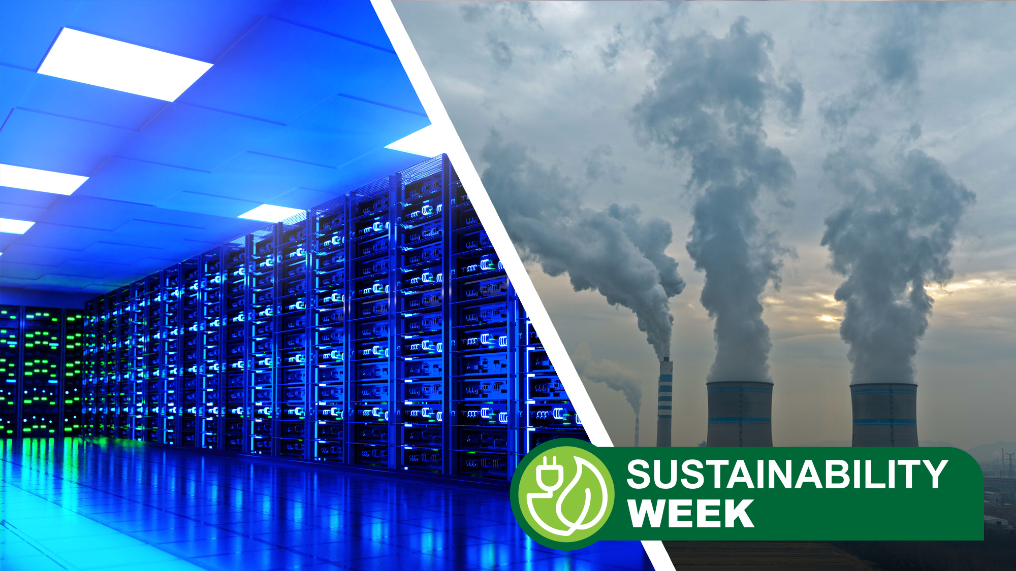 A data center next to a power plant with billowing smoke