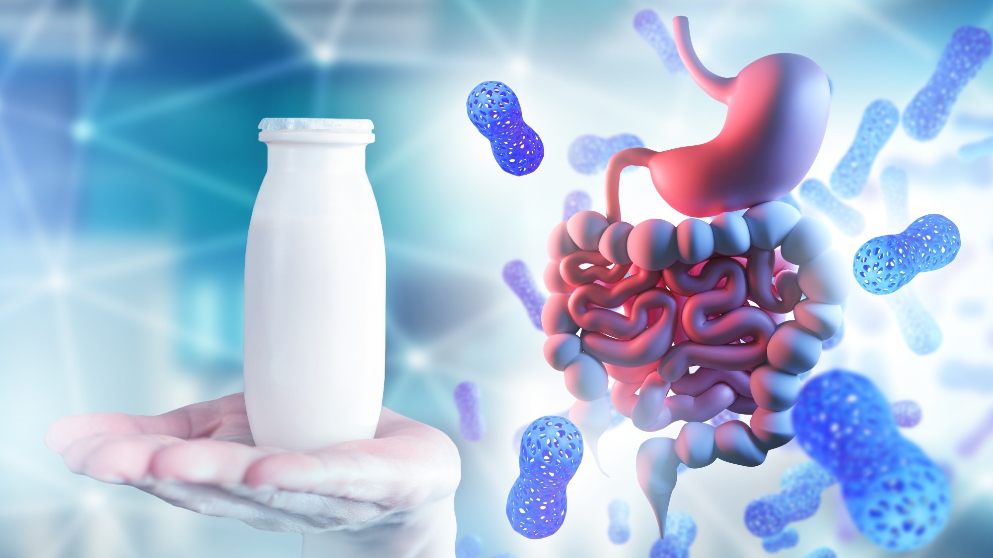 Hand holding probiotic bottle beside illustrated gut and microbiome bacteria