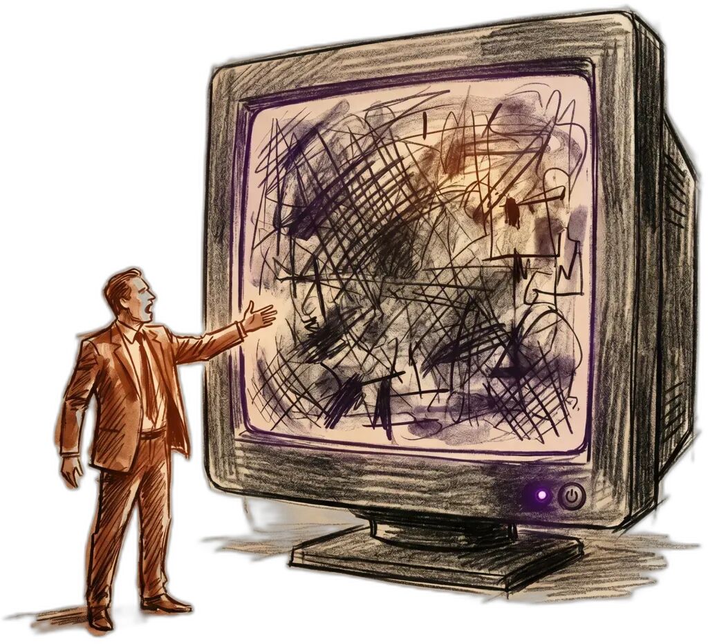 An executive gesturing at a screen full of static, demanding it scale
