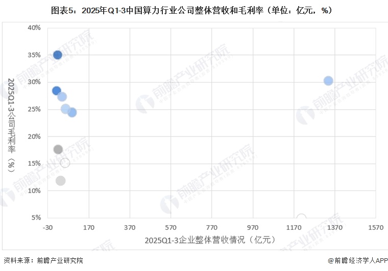 图表5:2025年Q1-3中国算力行业公司整体营收和毛利率(单位:亿元,%)