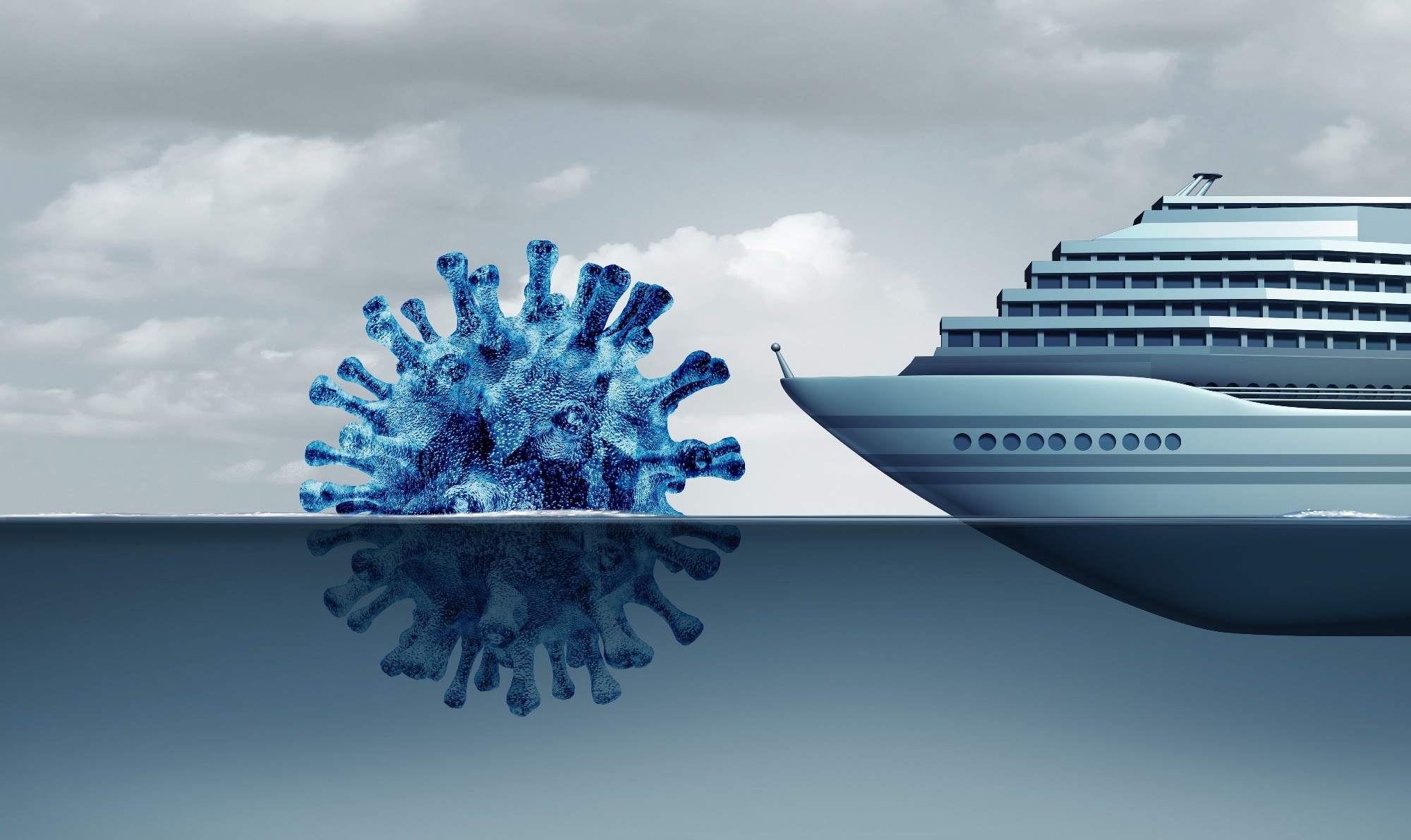 Cruise ship approaching large virus symbol in the ocean under cloudy sky