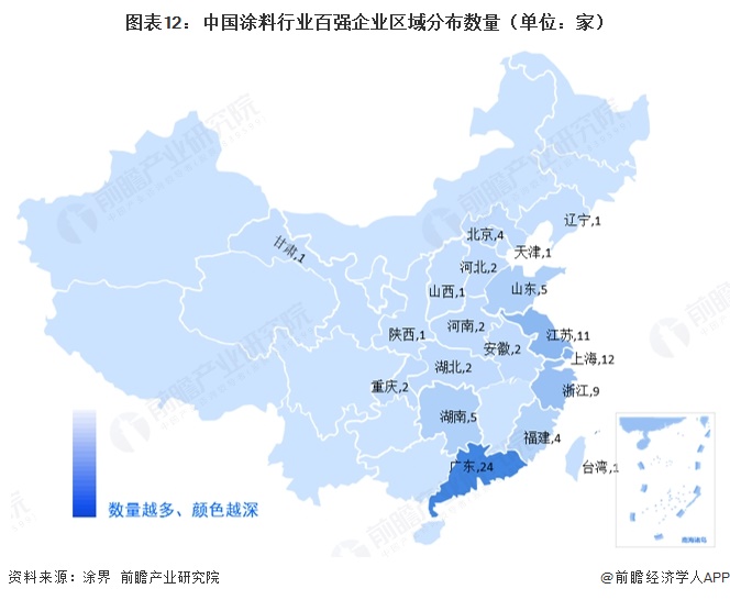 图表12:中国涂料行业百强企业区域分布数量(单位:家)