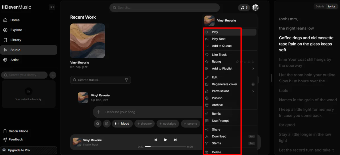Viewing the menu options on a song made with Eleven Music.