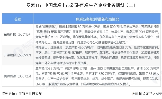 图表11：中国焦炭上市公司-焦炭生产企业业务规划（二）