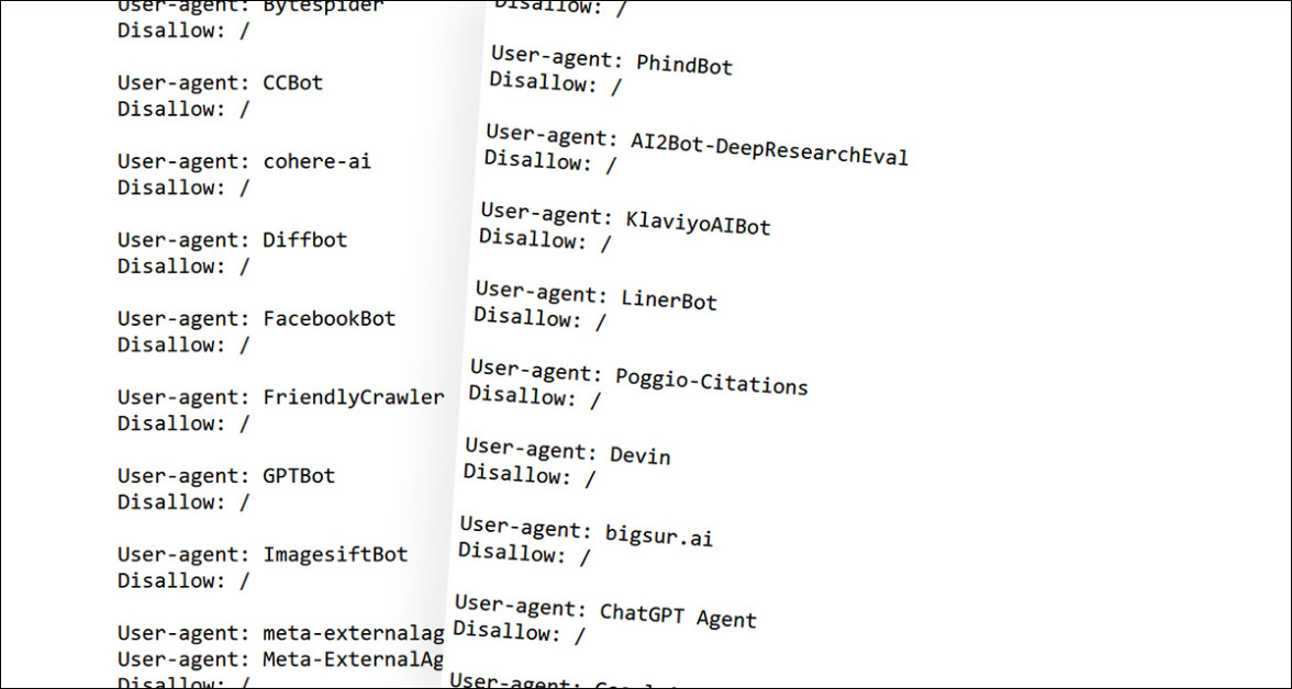 Some of the robots.txt AI-scraping bans effected by the publishers listed above. But has it led to a wider censure by Google?