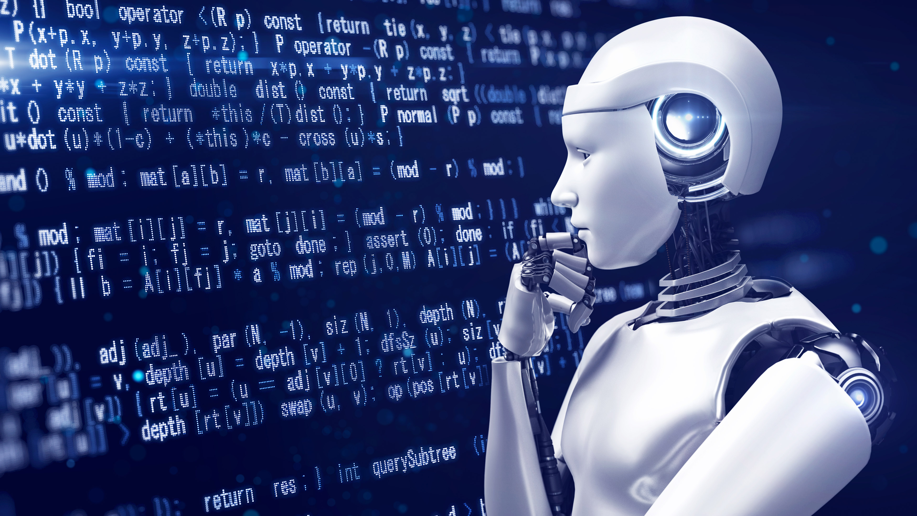 A robot standing thoughtfully in front of a giant digital display with code on it