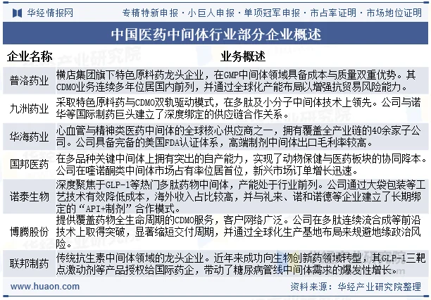 中国医药中间体行业部分企业概述 中国医药中间体行业部分企业概述