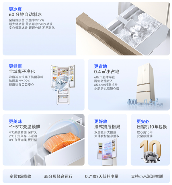 2999元带自动制冰!小米推出新款米家法式400L冰箱:60cm超薄平嵌
