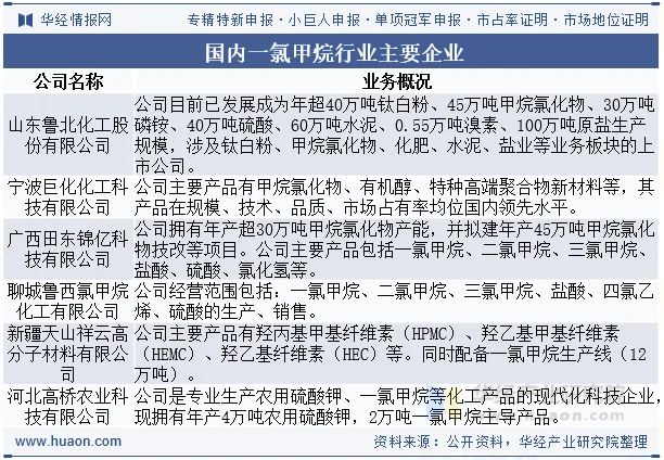 国内一氯甲烷行业主要企业