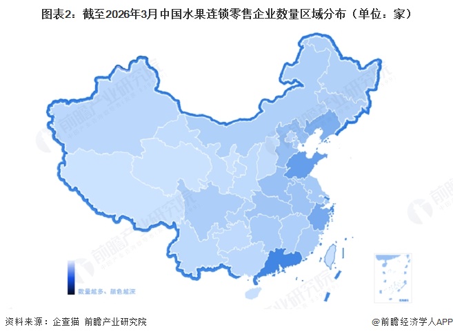 图表2:截至2026年3月中国水果连锁零售企业数量区域分布(单位:家)