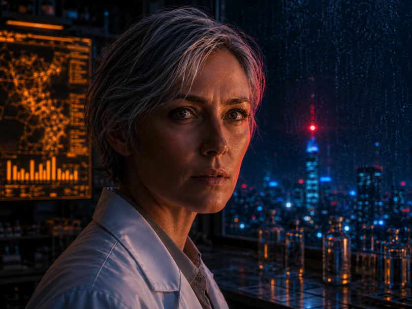 An image of a woman wearing a lab coat with short silver hair generated with ChatGPT Images 2.0.