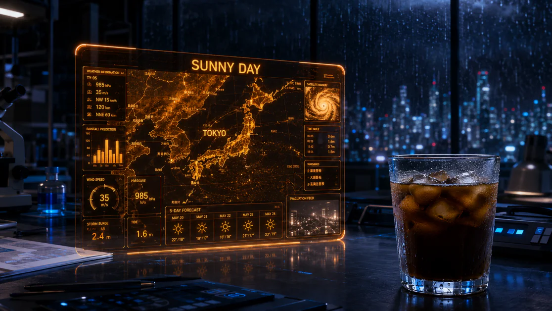 An edited image generated with ChatGPT Images 2.0 showing a glass of iced coffee in the foreground with a weather forecast of Tokyo showing a sunny day.