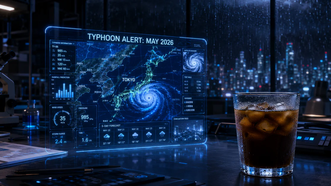 An image generated with ChatGPT Images 2.0 showing a glass of iced coffee in the foreground with a typhoon alert.