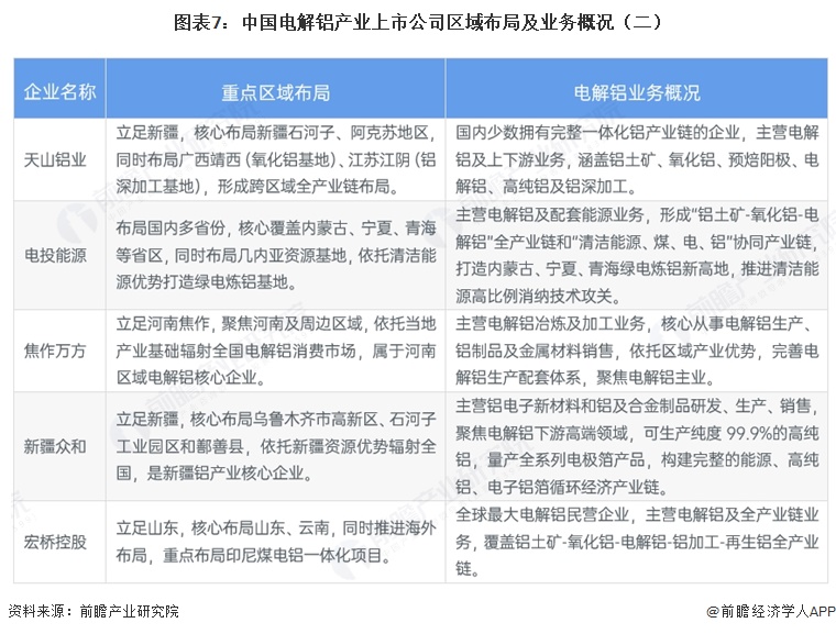 图表7:中国电解铝产业上市公司区域布局及业务概况(二)