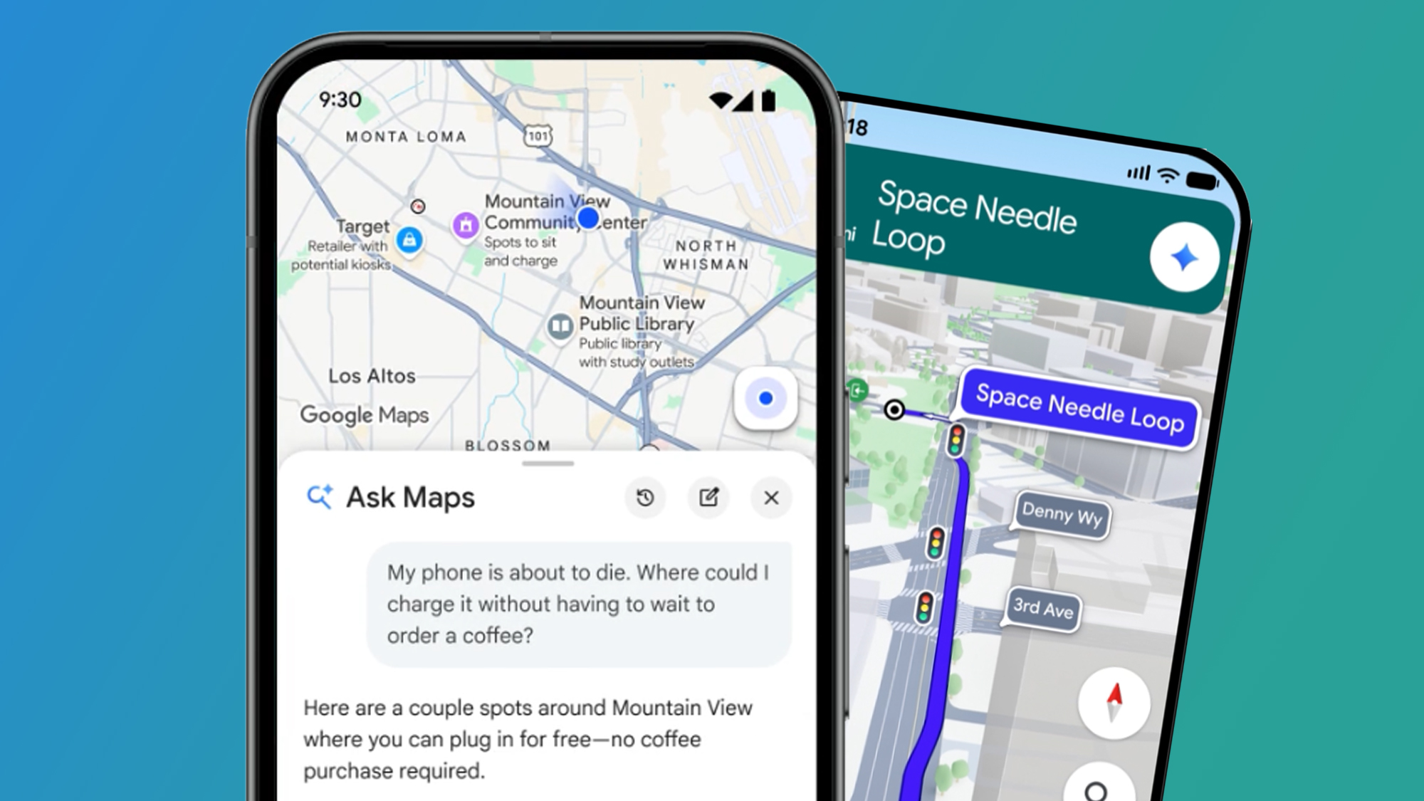Two phones on a blue and green background showing the Google Maps app