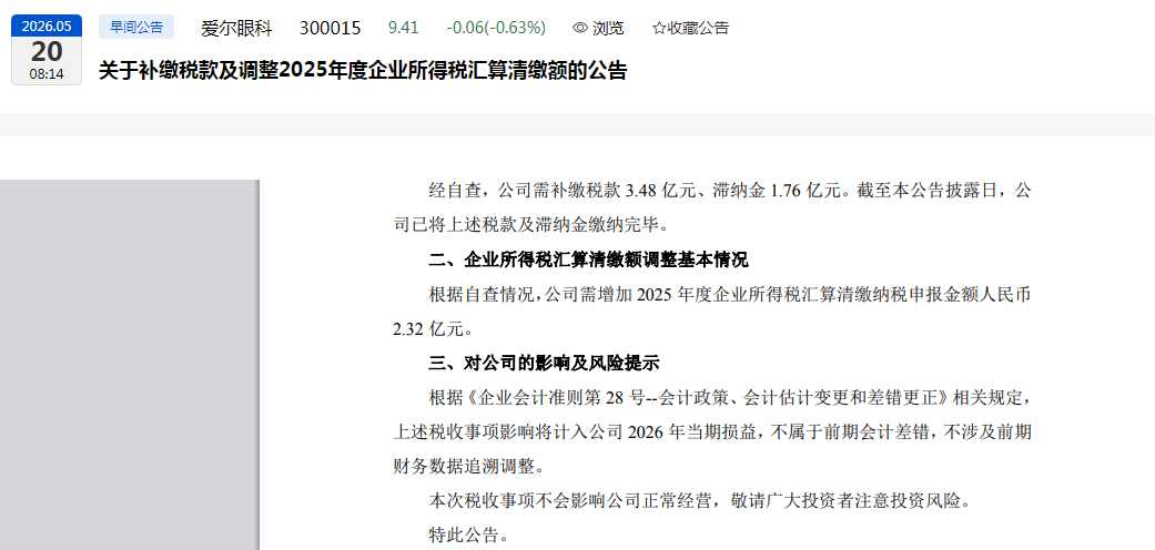 爱尔眼科补缴税款及滞纳金合计超5亿元！在鲁已布局19家医院