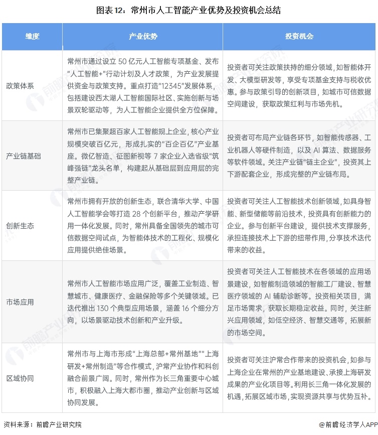 图表12:常州市人工智能产业优势及投资机会总结